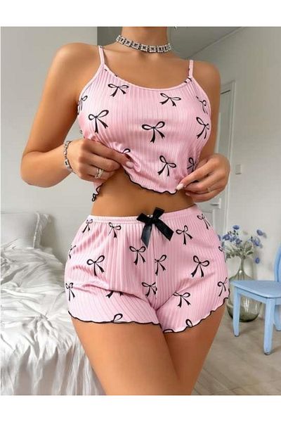 GiyimCity Pink over Black Ribbon Patterned Suspender Shorts Pajama Set