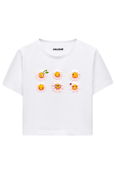 Colermi Women's White Crop Tshirt - Cute Flower Printed Design 100% Cotton Fabric