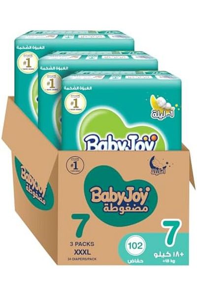 BabyJoy Compressed Diamond Pad, Size 7, 3XL, 18+ Kg, Mega Box, 102 Diapers