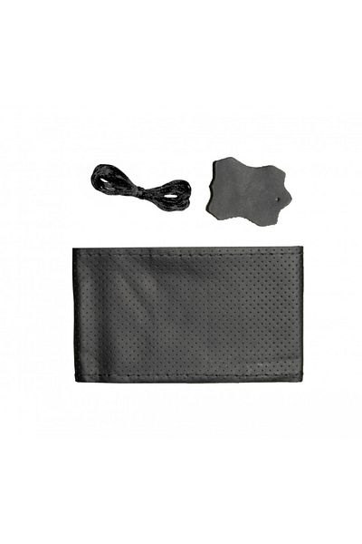 DELUXETUNING Husa volan din piele naturala cu ac si ata de culoare neagra si cusatura neagra diametru 42 cm