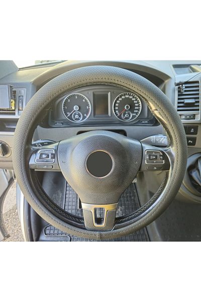DELUXETUNING Perforated leather steering wheel cover, black color, diameter 38 cm