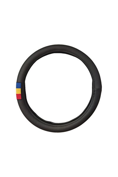 DELUXETUNING Husa volan imitatie piele perforata neagra cu steag ROMANIA diam...