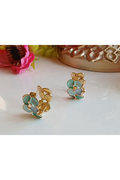 Pirinç Altın Kaplama Mavi Taşlı Halka Küpe