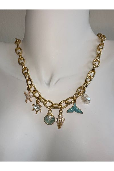 GLARE JEWELRY Seashell Starfish Pearl and Mermaid Tail Model Stainless Steel Necklace 40+5cm