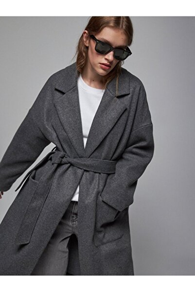 Ltb küba yaka uzun kollu oversize gri mont