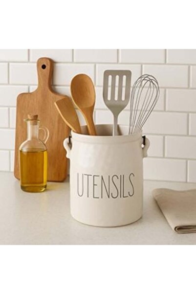 BAMI NETWORK Beige Ceramic Utensil Holder with Handle Ø13x18cm