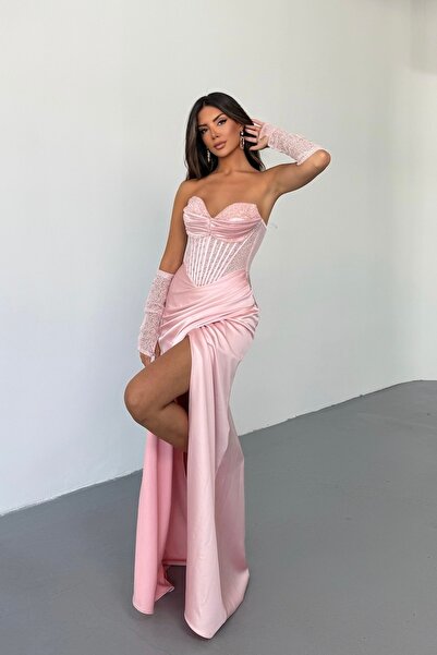 İyem Abiye Şık Saten Gögüs Taşlı Ve Kollu Dantel Transparanlı Şık Abiye Elbise Tam Kalıp