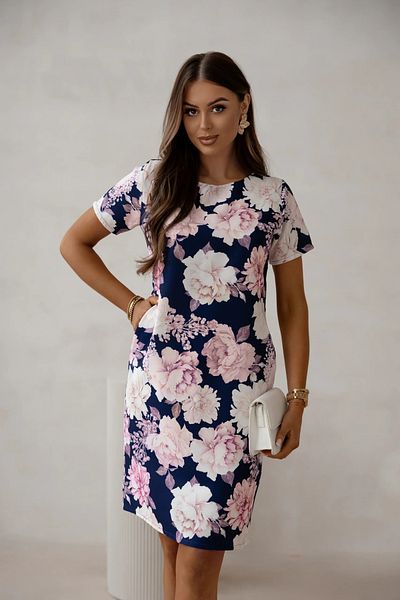 UniqueStore.ro Navy Blue Dress With Pink Floral Print And Straight Cut