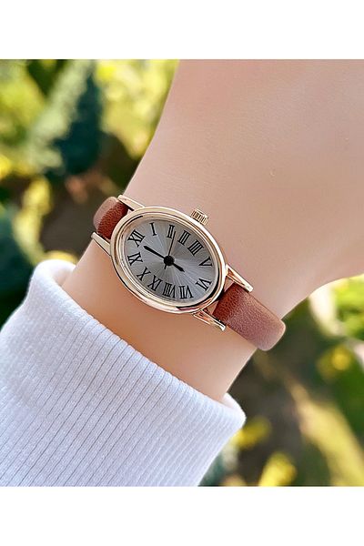 Weluxa Minimal Retro Women's Wristwatch with Roman Numeral Tan Leather Band in Gold Color