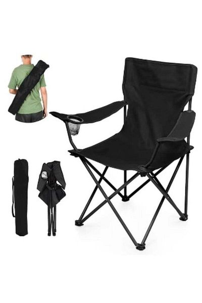 unbranded Foldable Camping Chair with Armrests and Cup Holder, Lightweight Beach Chair 50cm x 50cm x 80cm Blac