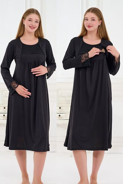 Emose 2-Piece Maternity Nightgown Set with Lace and Morning Dress