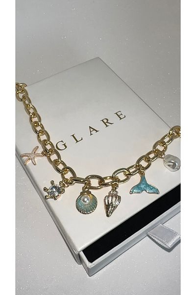 GLARE JEWELRY Seashell Starfish Pearl and Mermaid Tail Model Stainless Steel Necklace 40+5cm