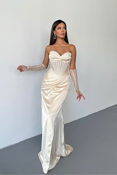 İyem Abiye Şık Saten Gögüs Taşlı Ve Kollu Dantel Transparanlı Şık Abiye Elbis...