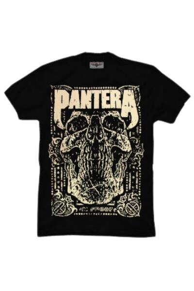 donamod Μαύρο Unisex κανονικό βαμβακερό μπλουζάκι με στάμπα Metal Band Pantera Skull
