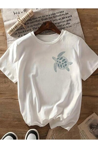 donamod Tricou supradimensionat unisex cu imprimeu broasca testoasa alb