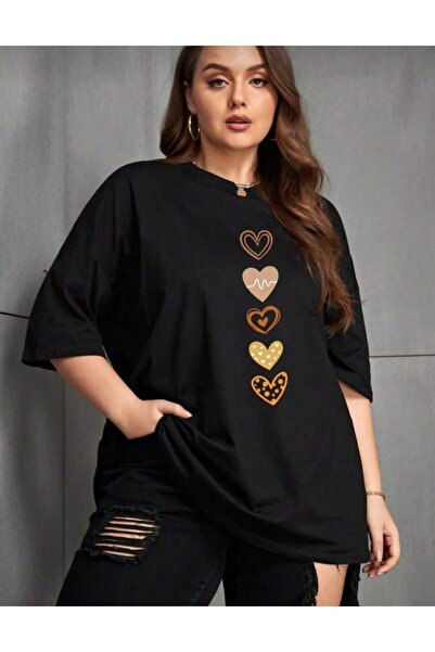 donamod تيشيرت نسائي مقاس كبير مطبوع عليه قلب