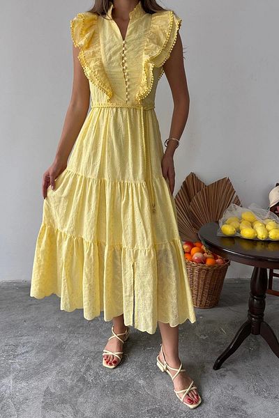 HELİS BUTİK Fisto Fabric Yellow Belt Detailed Dress
