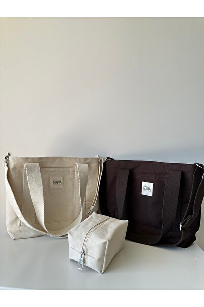 Sowa Collection 3lü Set Çıt Çıtlı Astarlı Kanvas Kadın El ve Omuz Çantası Makyaj Çantası
