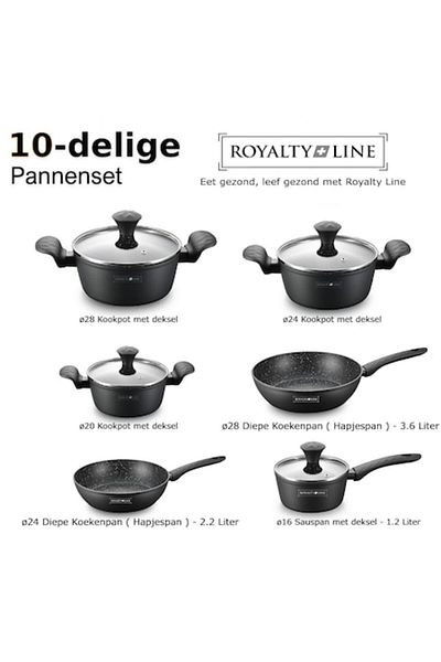 Royalty Line Set oale si tigai Royalty Line RL-FD10, 10 piese, interior marmorat, capace sticla, negru, compatibi