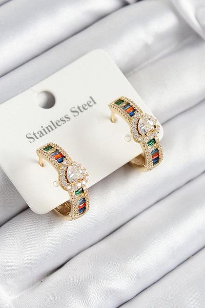 REBORN DESIGN 316L Steel Colorful Zircon Stone Heart Baguette Ring Model Gold Color Women's Earrings