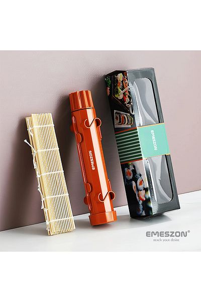 EMESZON Complete Sushi Rolls 2 Set, EMESZON® Manual Sushi Rolling Machine with Bamboo Roller, Red