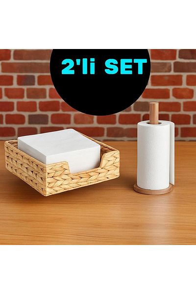 IKEA Cissan Water Hyacinth Napkin Holder 18X18 cm & Pampig Beech Wood Paper Towel Holder Set – Stylish Kitchen Set of 2
