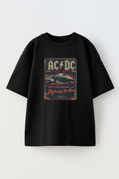 donamod Tricou tricotat unisex negru oversize din bumbac ACDC cu poster de ma...