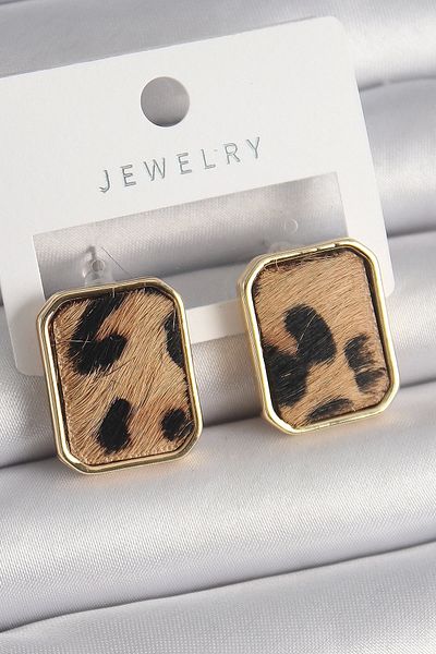 ALFA AKSESUAR 03 Brass Gold Color Square Leopard Pattern Model Women's Earrings - Tj-Bkp9887