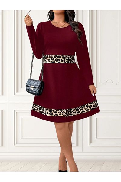 UniqueStore.ro Plus Size Burgundy Dress With Animal Print Details