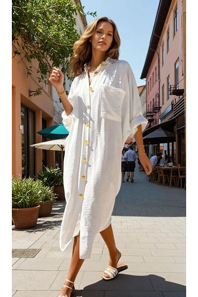 Pasaklı Giyim Women's Ecru Oversize Bat Sleeve Suitable for Hijab Shirt Dress Linen Blended White Tunic 3282420