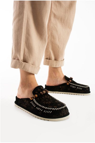 Lemoors Rumi Inside and Outside and Sole Genuine Suede Leather Black Color Design Women's Sabo Slippers