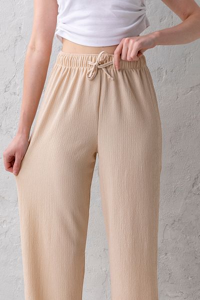 CNRCollection Women's Beige High Waist Elastic Waist Lace up Stretchy Wide Leg Palazzo Wrinkle Women's Trousers