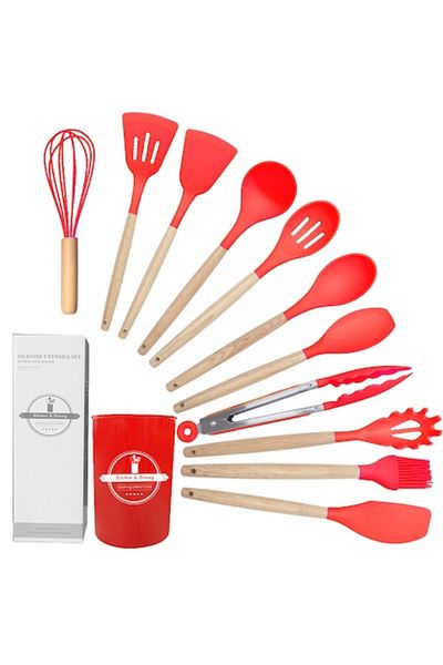 victiny Set 12 pieces of non-stick kitchen utensils, food grade silicone/heat-resistant wood (Red)