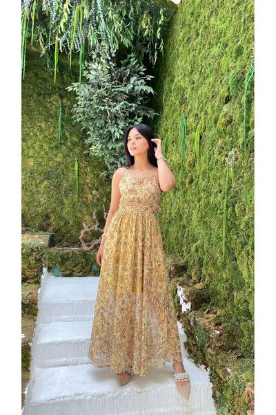 Nida Boutique Askılı Sırtı Çapraz Bağlamalı Fırfırlı Astarlı Şifon Elbise