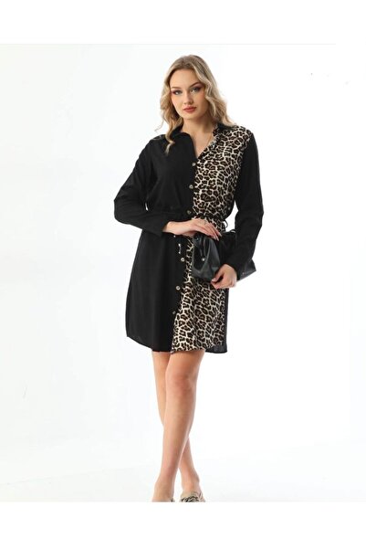 Polologin Butik Black Viscose Tunic with Leopard Detail