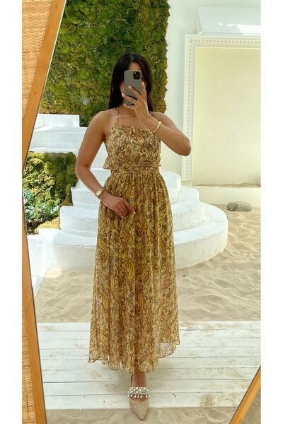 Nida Boutique Askılı Sırtı Çapraz Bağlamalı Fırfırlı Astarlı Şifon Elbise