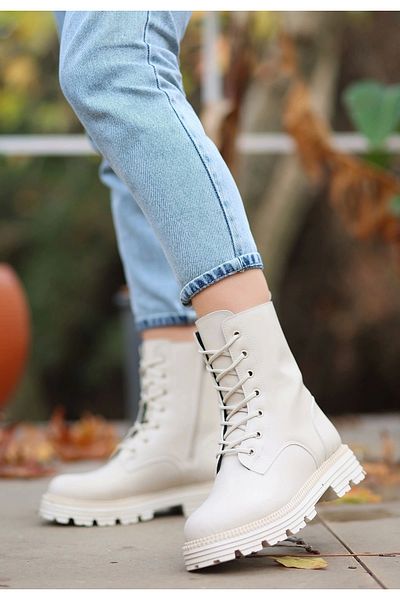 Işıltı kidss Bria Beige Leather Laced Boots