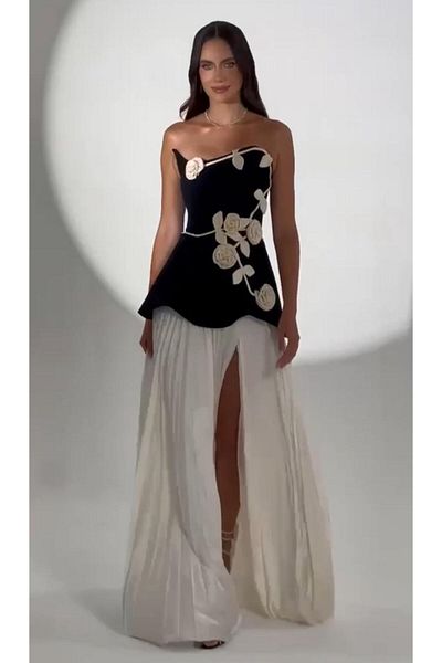 ALFABETA Black and White Strapless Floral Evening Dress with Front Slit