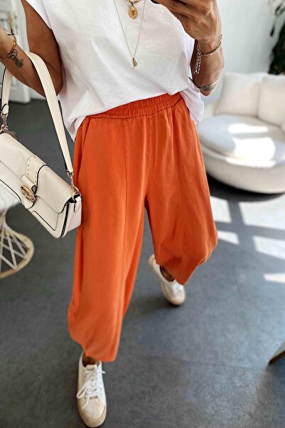 Nana & Mayka Moda Women's Orange Baggy Trousers Casual Four Seasons Comfortable Cotton Elastic Waist Daily Model Gabardine 4003