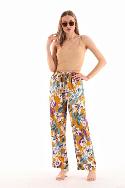 Polologin Butik Comfortable Summer Yellow Beige Floral Detailed Wide Leg Viscose Trousers