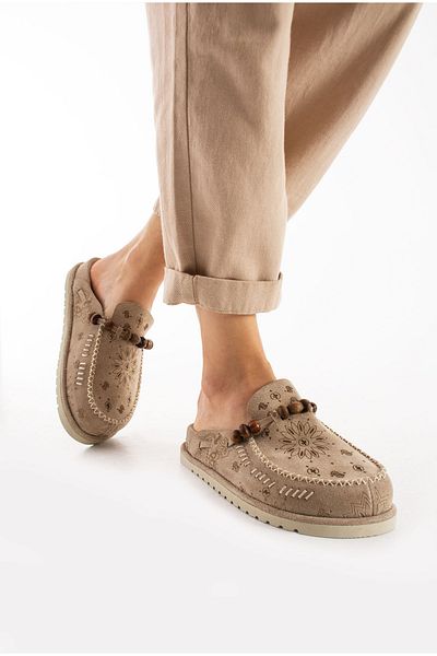 Lemoors Rumi Inside and Outside and Sole Genuine Suede Leather Beige Color Design Women's Sabo Slippers