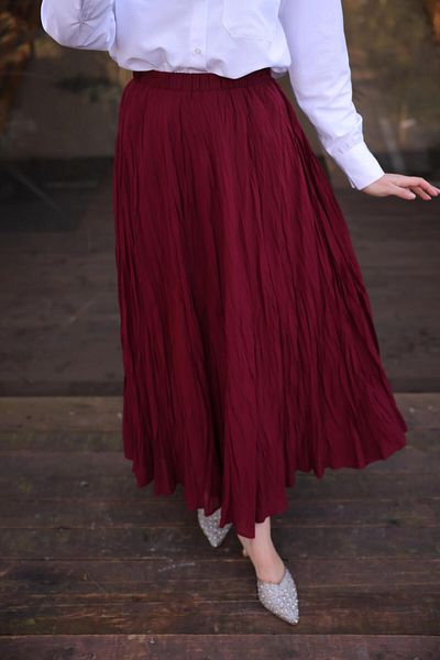 Bwest Elastic Waist Crinkle Detailed Long Skirt - (38-46) - 71258 - Plum