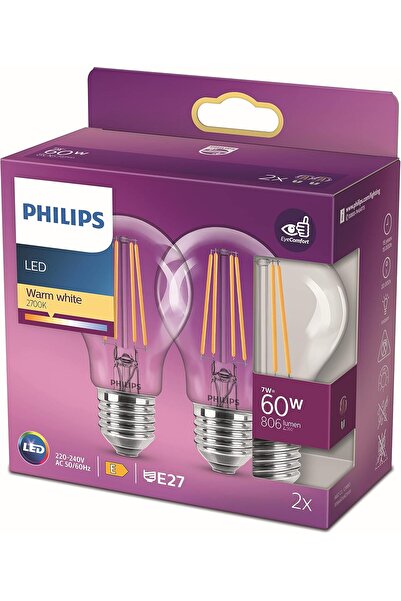 Philips Classic LED A60 Bulb, 2-Pack (E27), 7W (60W equiv), Warm White 2700K, Non-dimmable