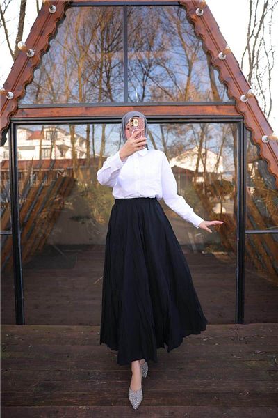 Bwest Elastic Waist Crinkle Detailed Long Skirt - (38-46) - 71258 - Black