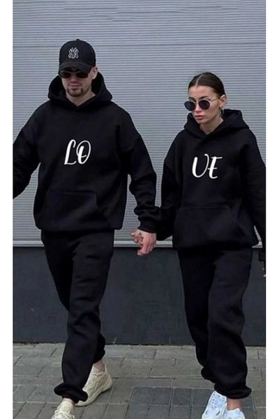 Elvino 4-Piece Black Unisex Couple Lover Combination Printed Tracksuit and Sweatshirt Sets