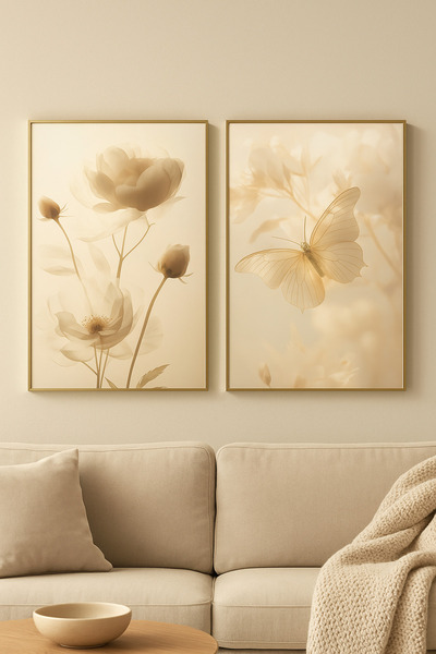 seninürünün Auré – Gerçek Cama Baskı Gold Alüminyum Metal Çerçeveli 2'li Modern Tablo