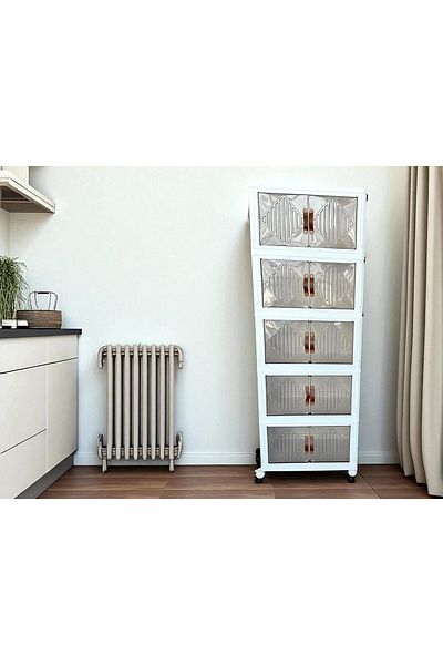 LIVVY 5-tier foldable plastic bins with lids & wheels, 150x53cm – stackable organizer for home storage.