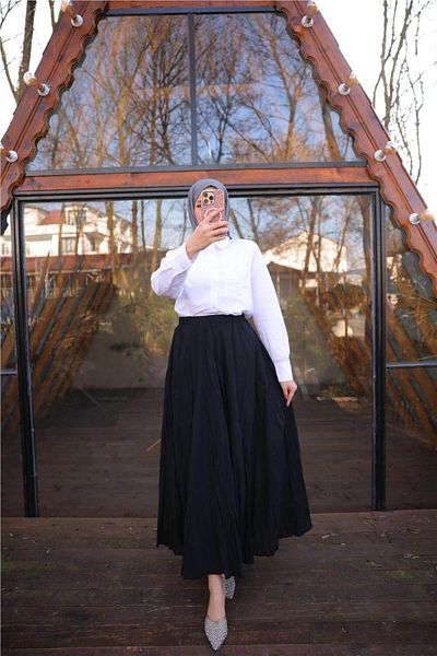 Bwest Elastic Waist Crinkle Detailed Long Skirt - (38-46) - 71258 - Black
