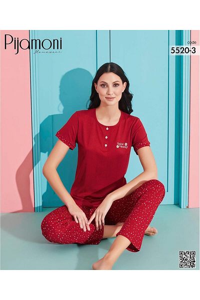 Pijamoni Women's Viscous Lycra Button Collar Camisole Patch Short Sleeve Pajama Set 5520-3 / 1 Piece