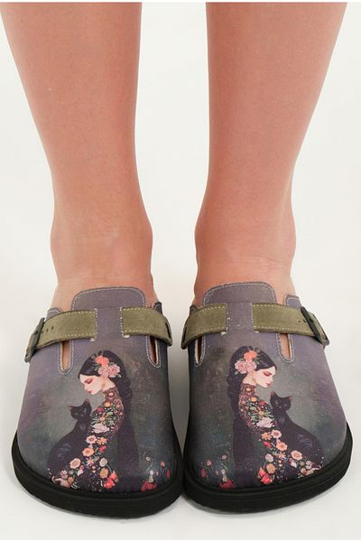 Lemoors Justine Natural Cork Sole Inner Genuine Leather Green Color Design Printed Sabo Slippers